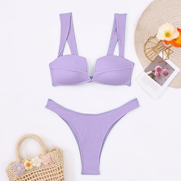 💟 NWOT Ribbed V Front High Leg Bikini Lavender Purple Small - Picture 2 of 11